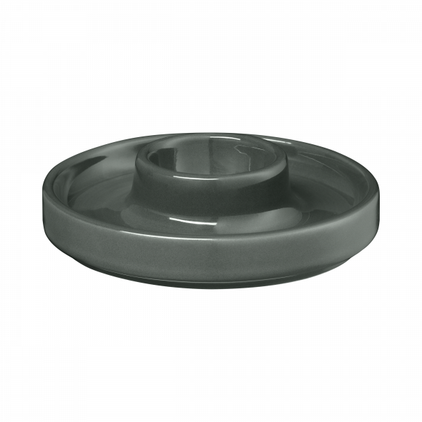 Dunkle keramische Futterschüssel und Wasserschüssel für Haustiere mit einem kreisförmigen Design und erhöhtem Zentrum.