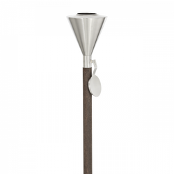 Stainless steel outdoor torch with a wooden pole and a flame extinguishing lid.