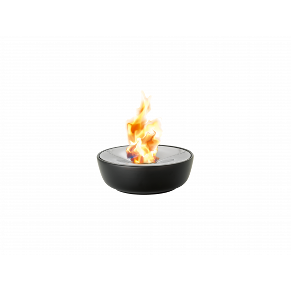 Modern black bowl with vibrant flames dancing inside, creating a striking visual.