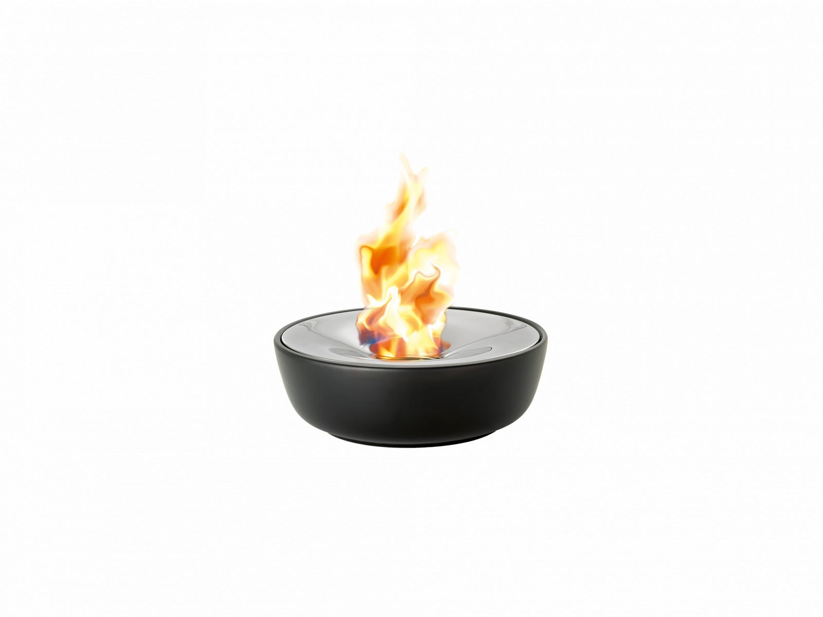 Modern black bowl with vibrant flames dancing inside, creating a striking visual.