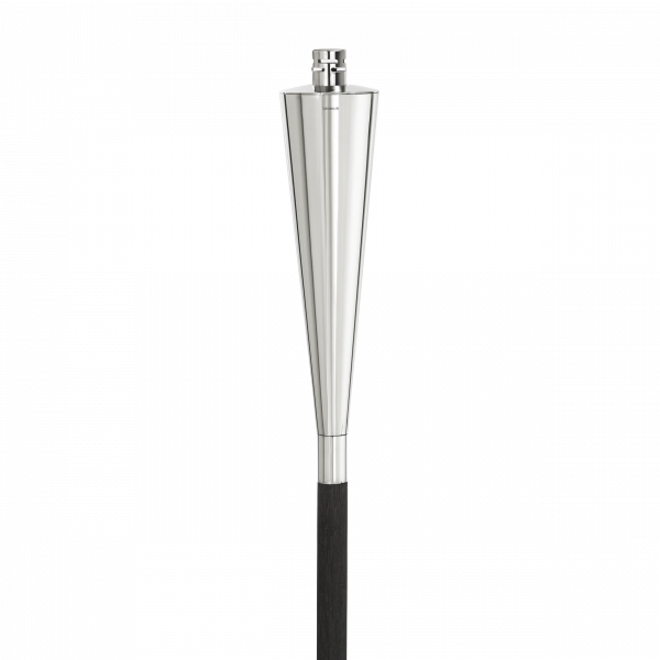 Silberne Cocktailfackel mit sleekem Design und einem schwarzen Griff auf transparenter Hintergrund.