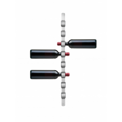 Modern wine rack displaying three bottles of red wine in a stylish design.