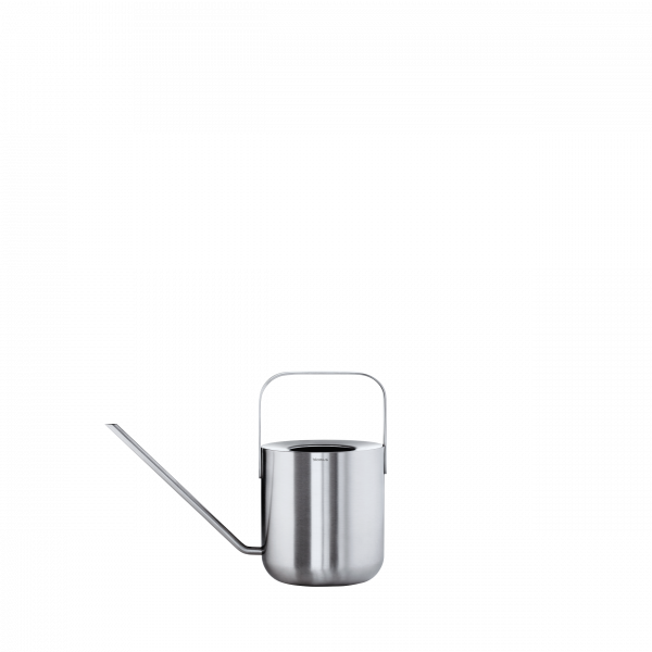 Sleek stainless steel watering can with a long spout and handle for easy plant care.