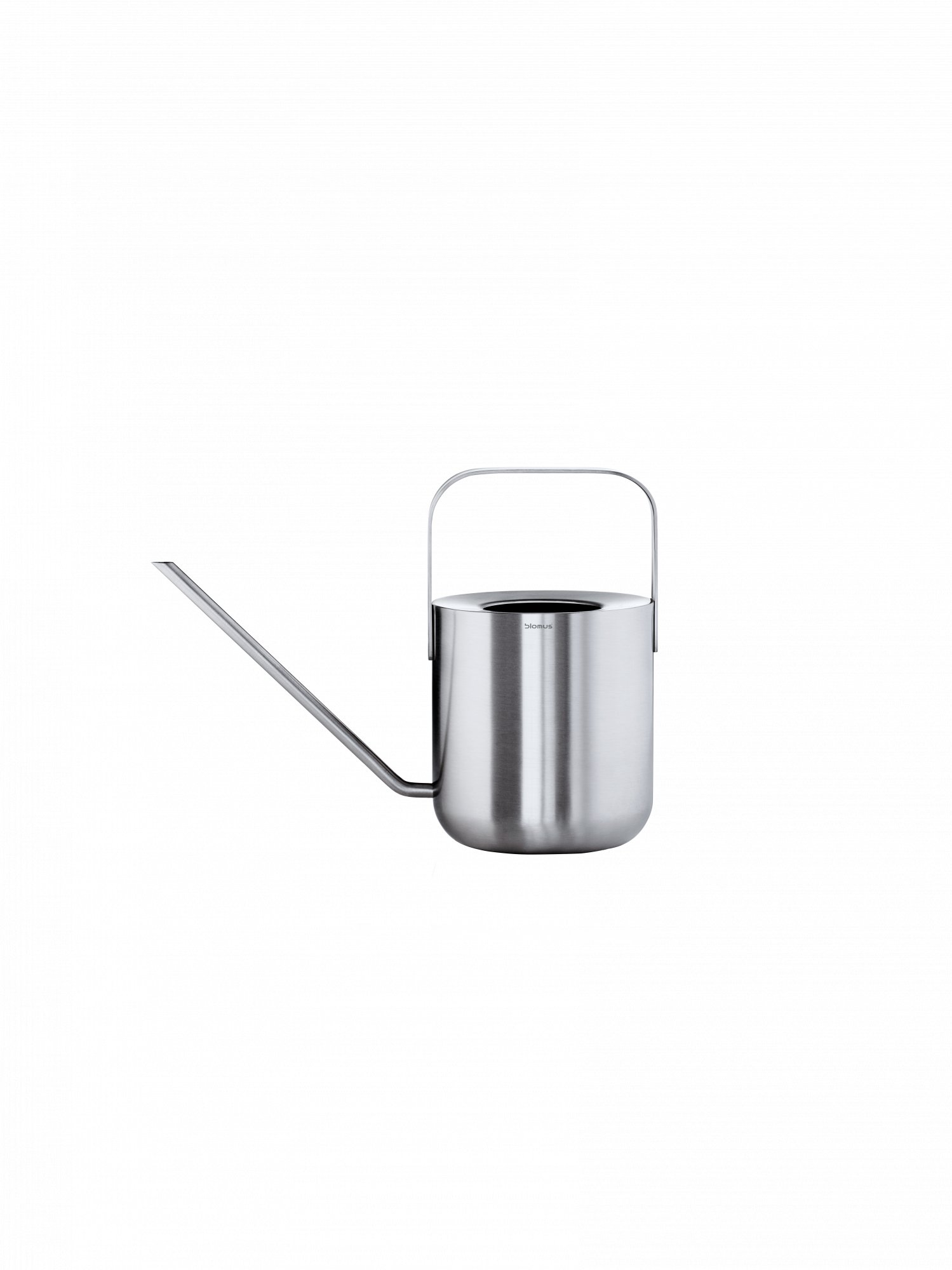 Stainless steel watering can with a long spout and handle on a black background.
