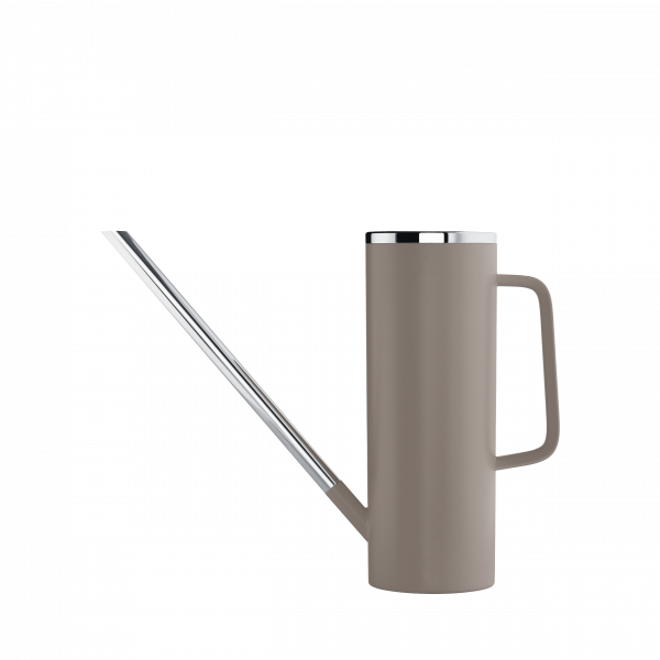 Modern beige watering can with a sleek chrome spout and ergonomic handle.