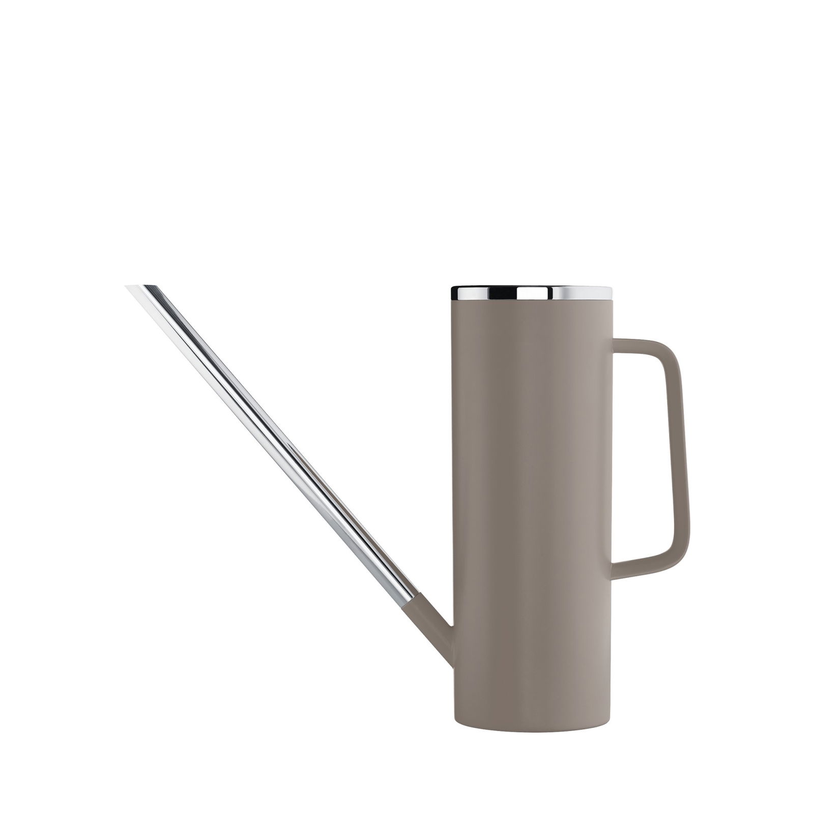 Modern beige watering can with a sleek chrome spout and ergonomic handle.