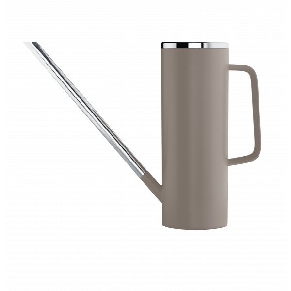 Stylish beige watering can with a chrome spout and minimalist design for modern gardens.
