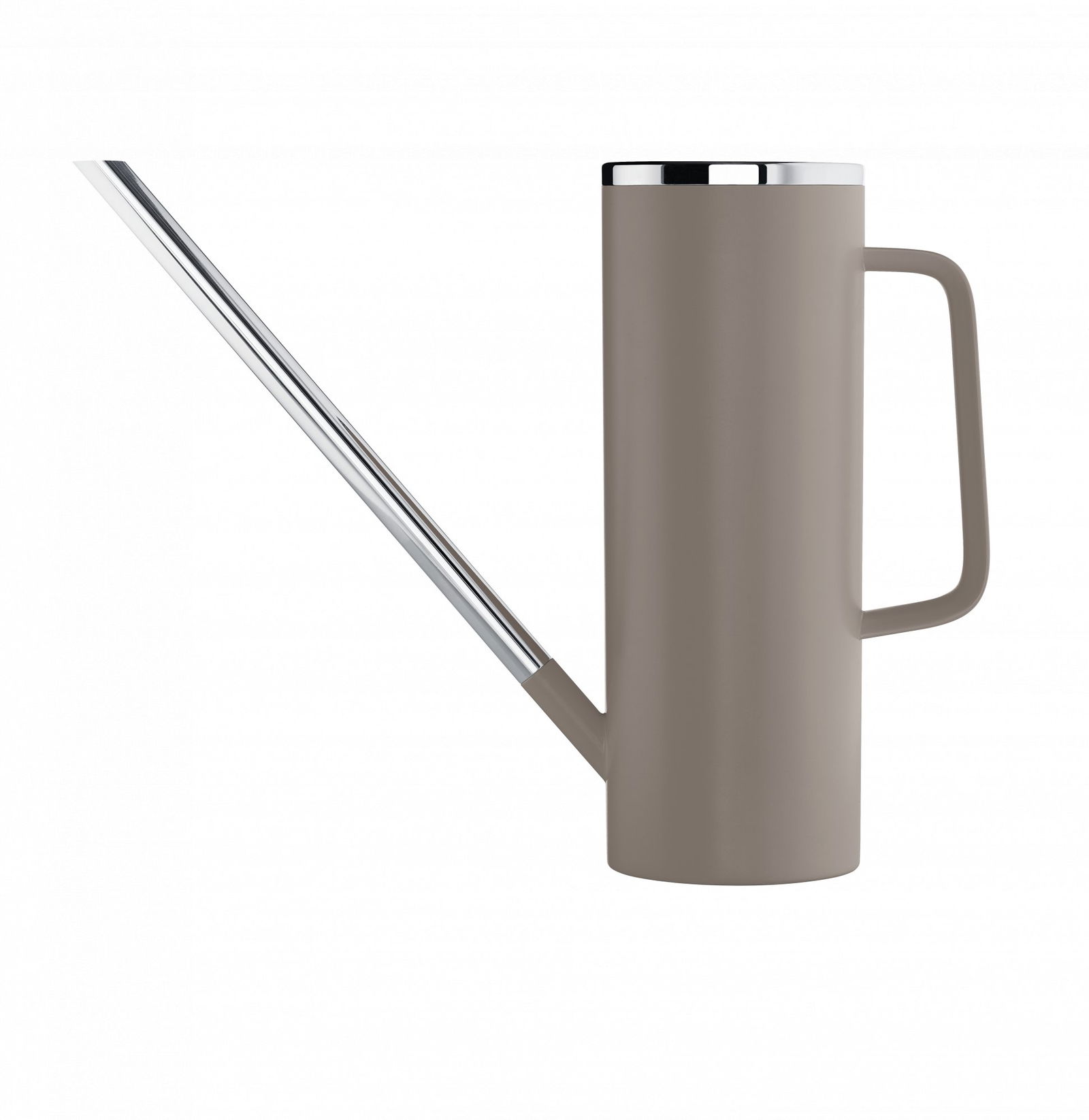 Stylish beige watering can with a chrome spout and minimalist design for modern gardens.