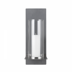 Modern candle holder featuring a sleek design with a glass cylinder and a white candle.