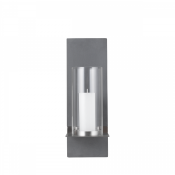 Moderner wandmontierter Kerzenhalter mit Glaskäfig und schlankem Metalldesign.