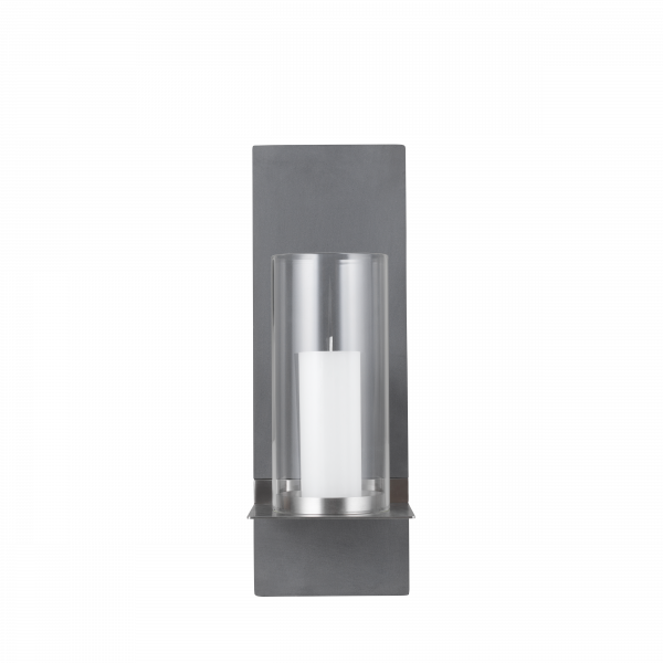 Modern wall-mounted candle holder with glass enclosure and sleek metal design.