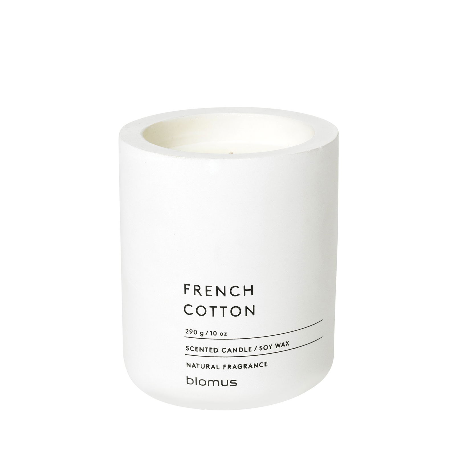 Scented soy wax candle in a sleek white container labeled "French Cotton."