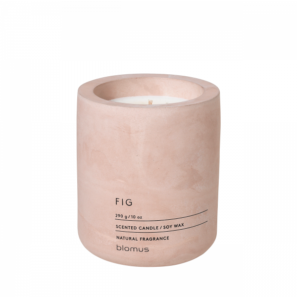 Scented fig candle in a rustic pink concrete holder, made with natural soy wax.