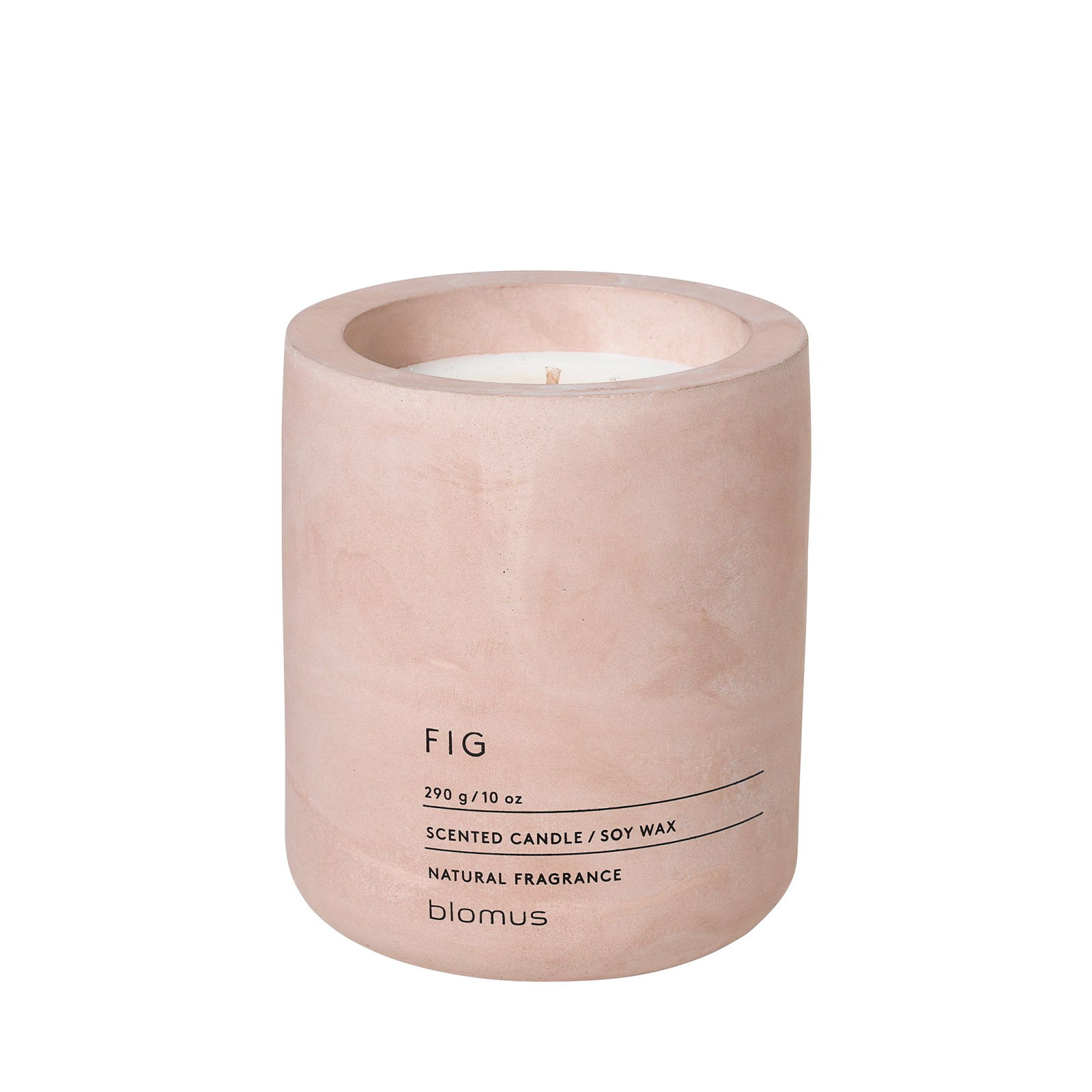 Scented fig candle in a rustic pink concrete holder, made with natural soy wax.