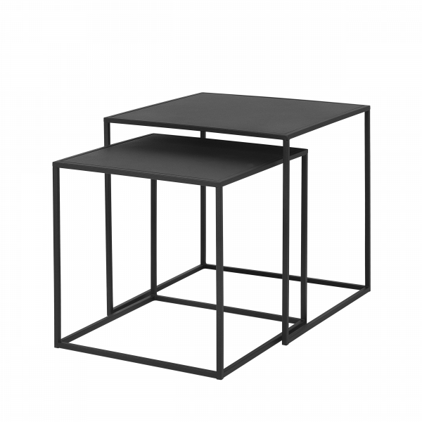 Modern black nesting tables with sleek metal frames for stylish home decor.