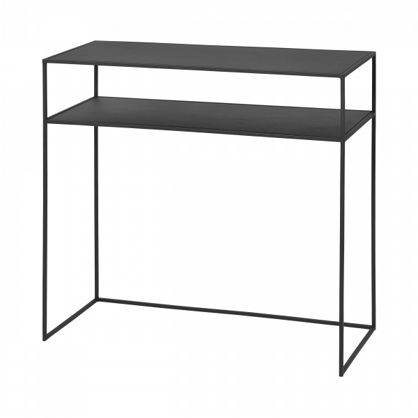 Modern black metal console table with two shelves for stylish storage and display.