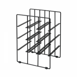 Stylish black shoe rack with multiple shelves for organized storage.