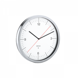 Moderner silberner Wanduhr mit minimalistischer Gestaltung und klarem weißen Zifferblatt, das schwarze und rote Zeiger zeigt.