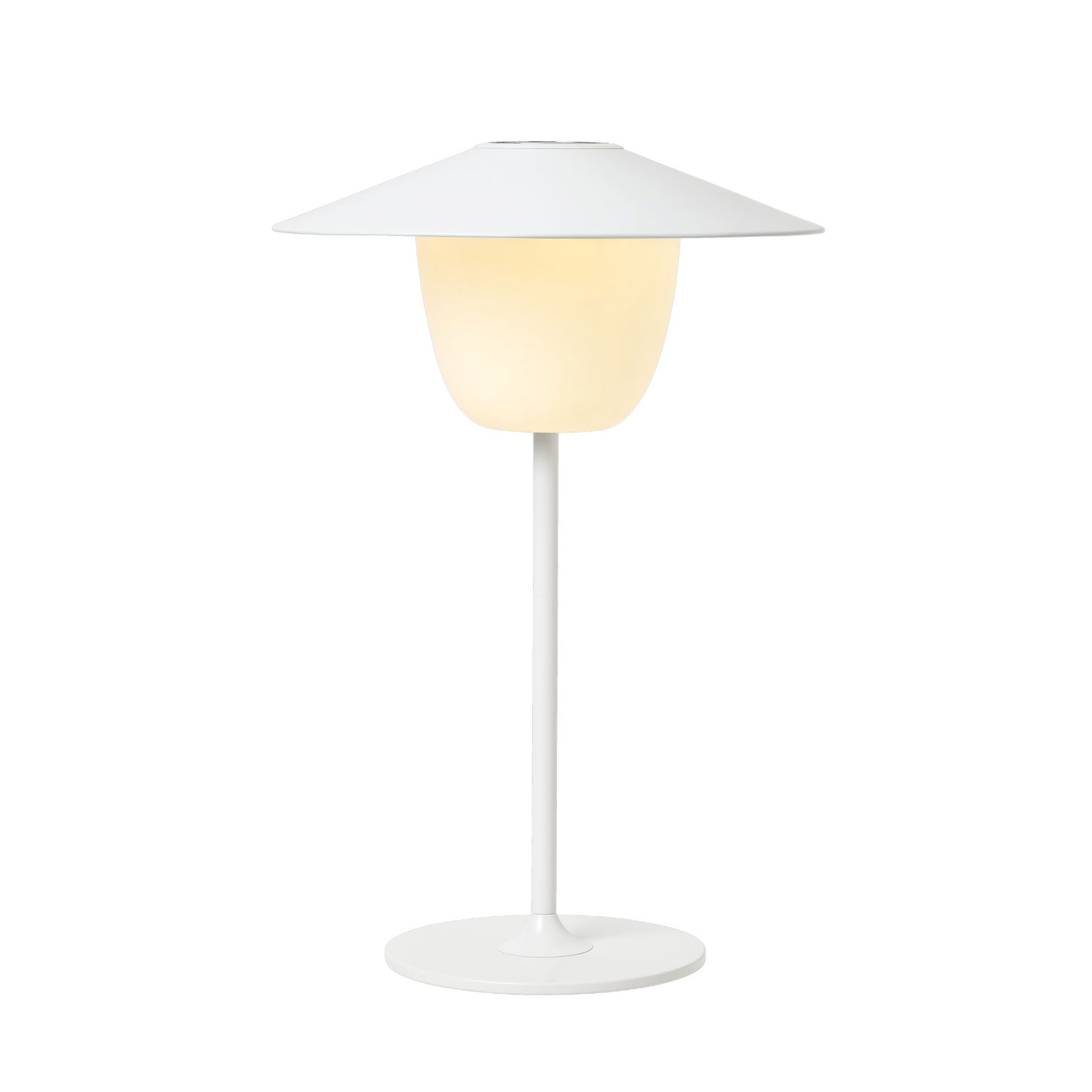 Moderne weiße Tischlampe mit einem eleganten Design und einem sanft leuchtenden Schirm.