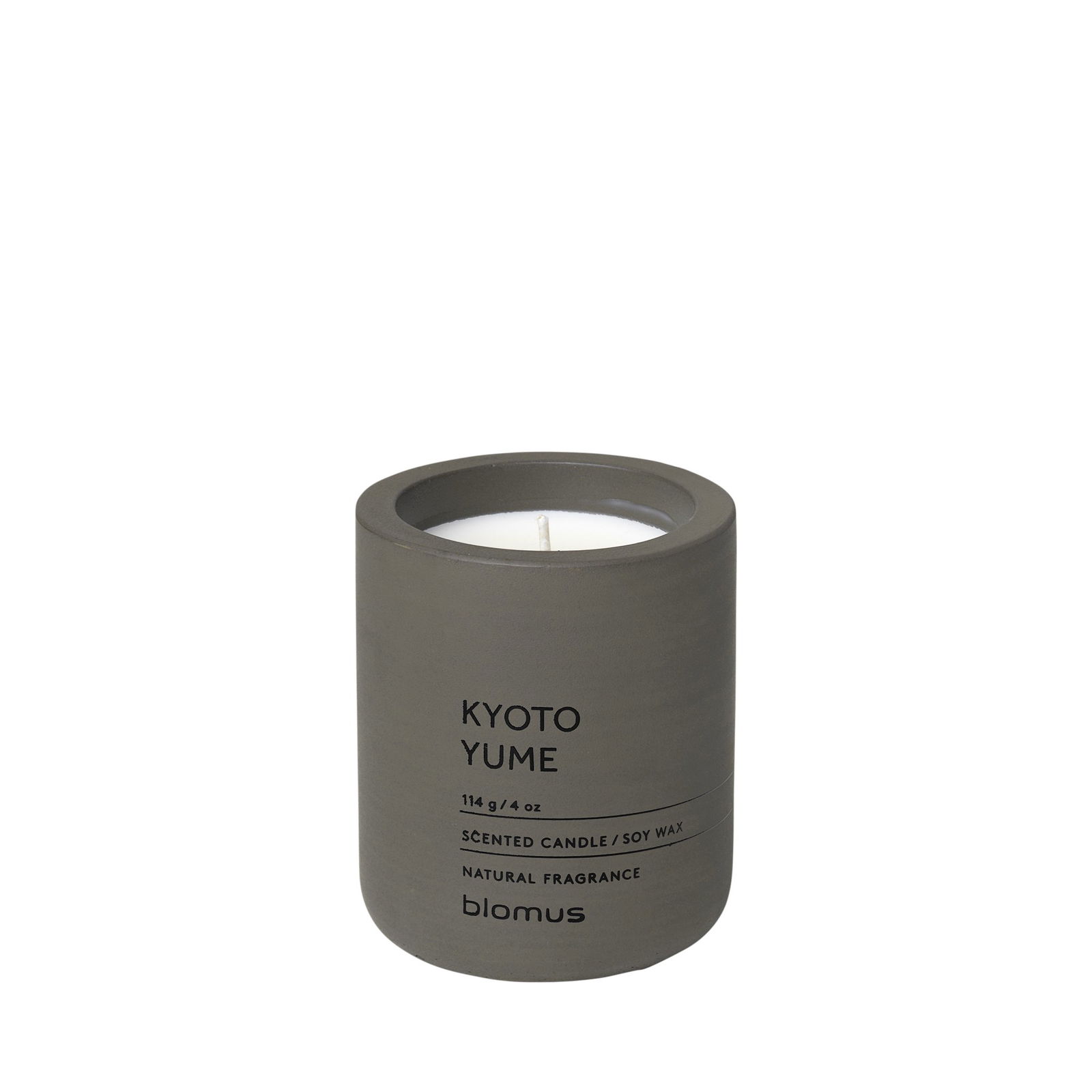 Kyoto Yume scented candle in a minimalist gray container made of natural soy wax.