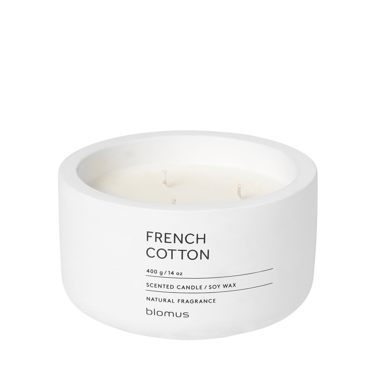 Scented candle in a white container labeled "French Cotton" for a natural fragrance experience.