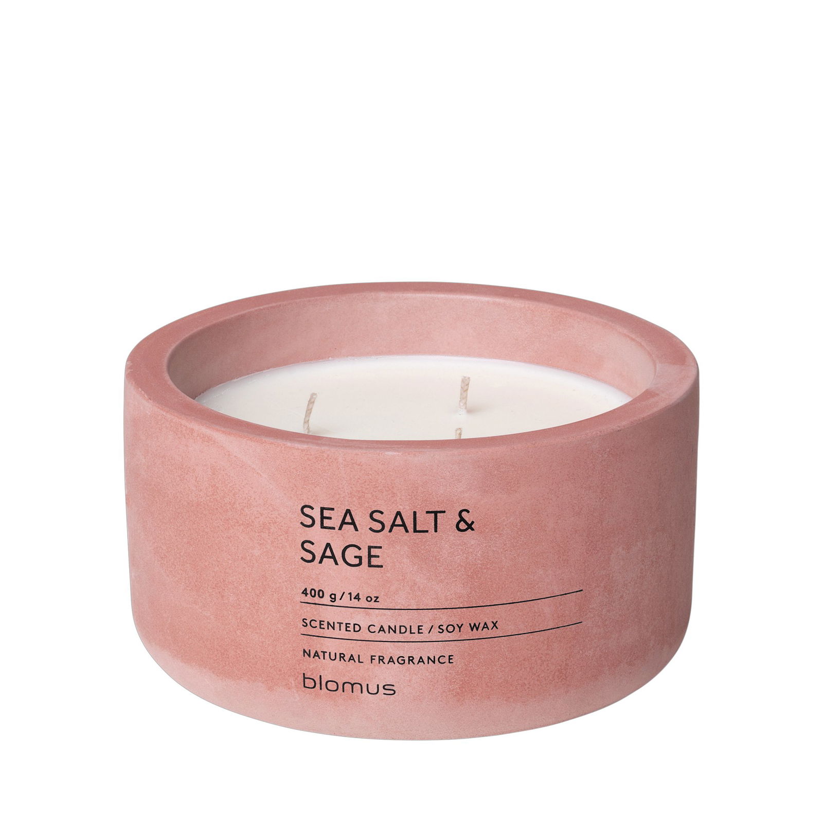 Pink sea salt and sage scented candle in a minimalist container for natural fragrance.