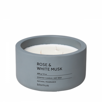 Sleek gray soy wax candle with rose and white musk fragrance for a calming ambiance.