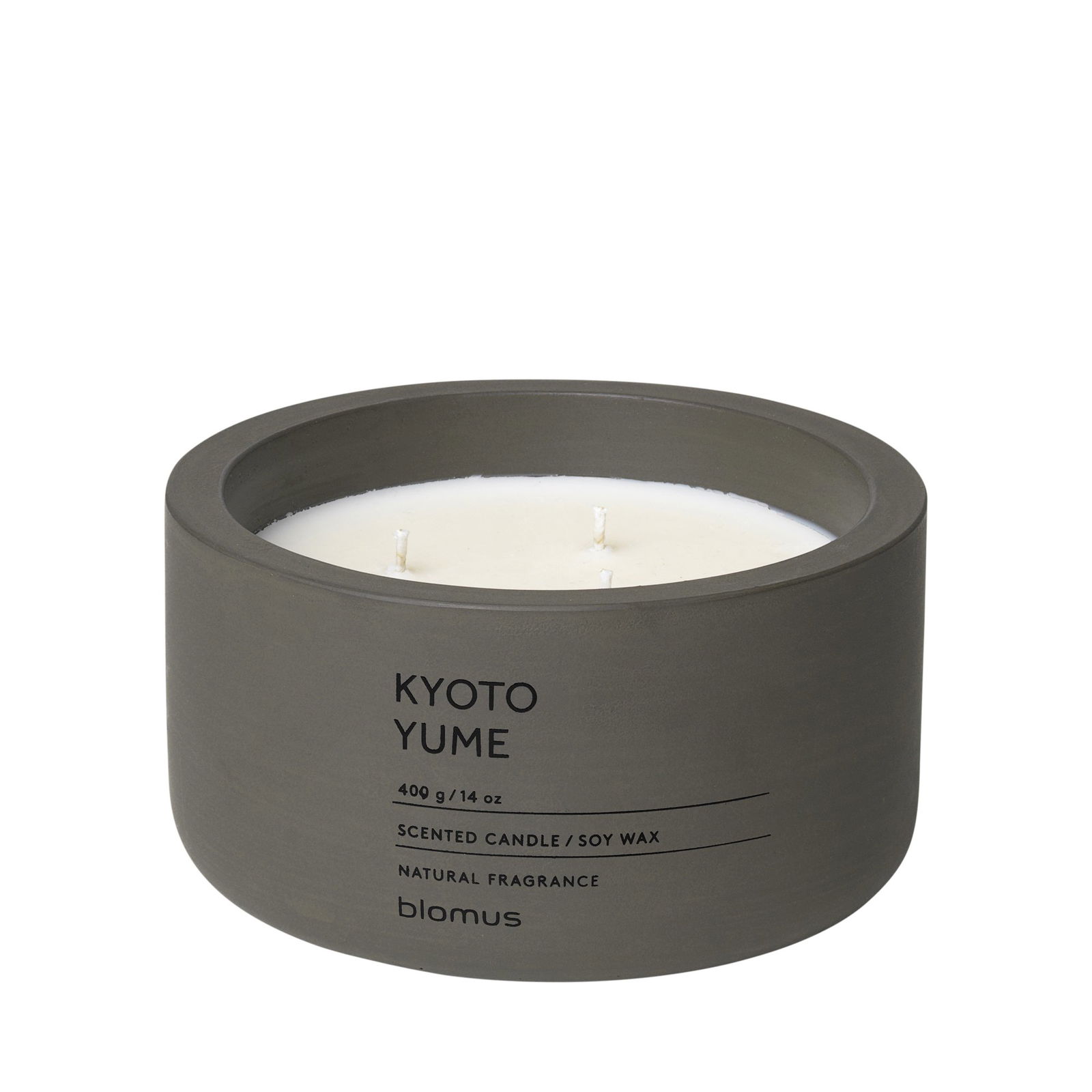 Scented soy wax candle named Kyoto Yume in a stylish gray container, 400g.