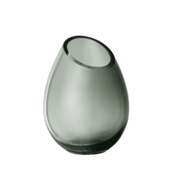 Stylish gray glass vase with a unique asymmetric design on a black background.