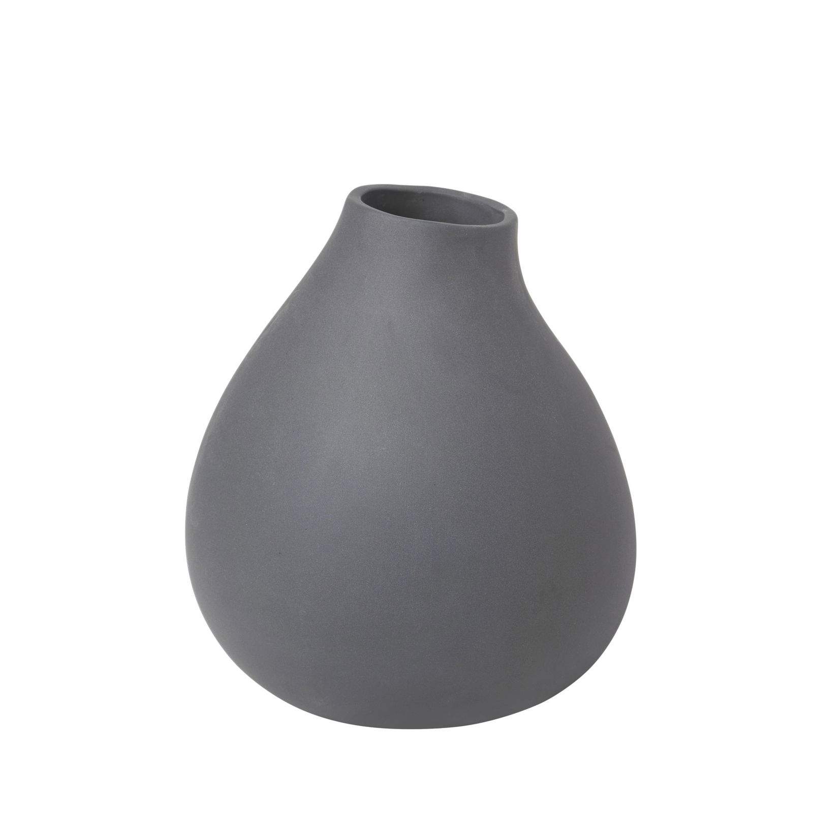 Moderne graue Keramikvase mit einer glatten, runden Form vor einem schwarzen Hintergrund.