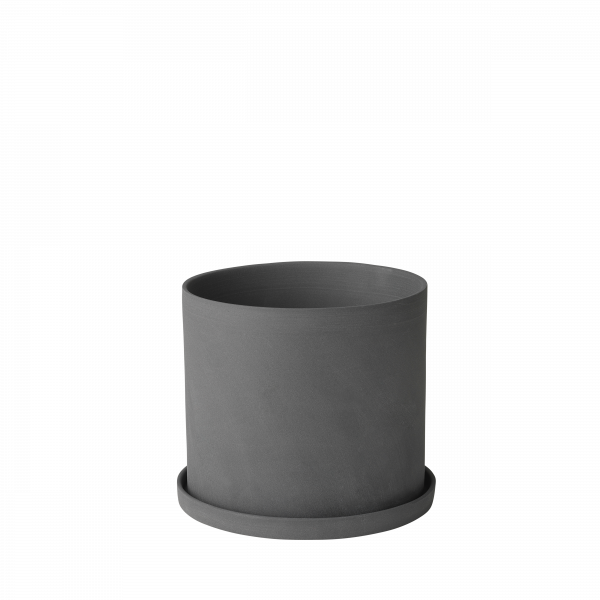 Stylish gray ceramic planter with a matching saucer for indoor plants.