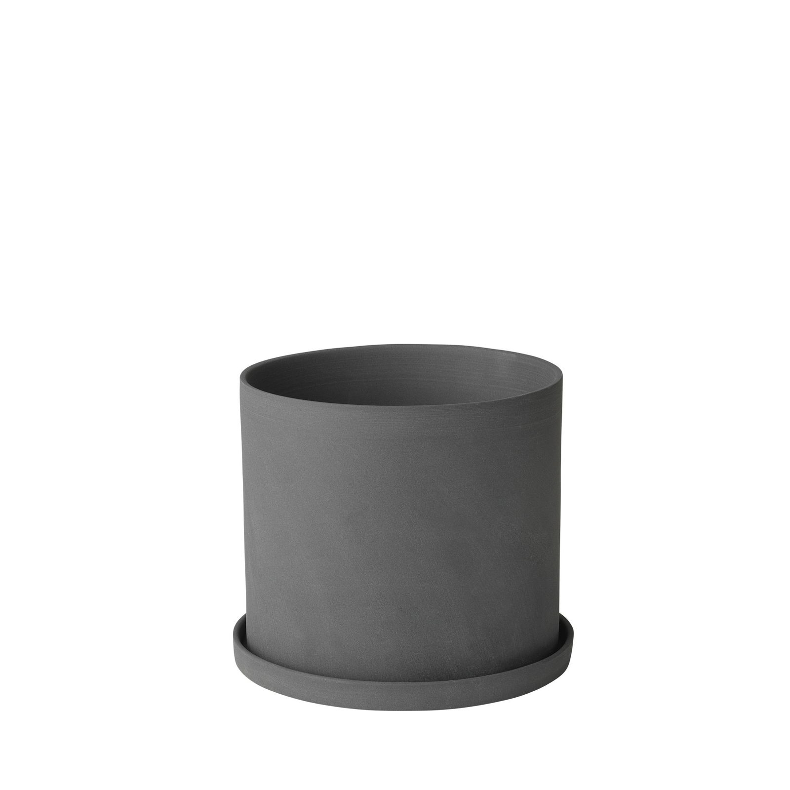 Stylish gray ceramic planter with a matching saucer for indoor plants.