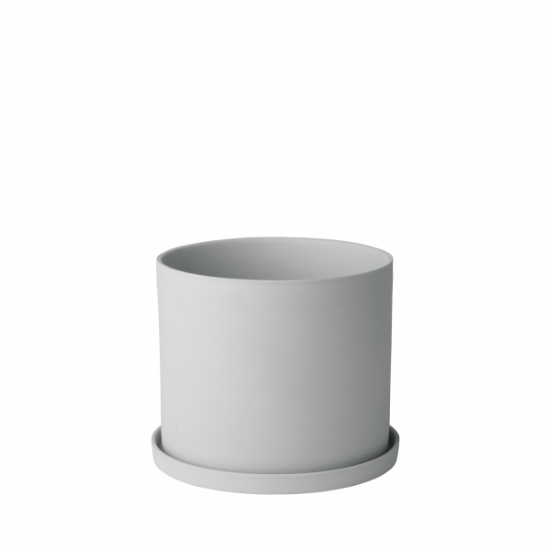 Minimalistischer weißer Keram Topf mit passender Untertasse, perfekt für Zimmerpflanzen.