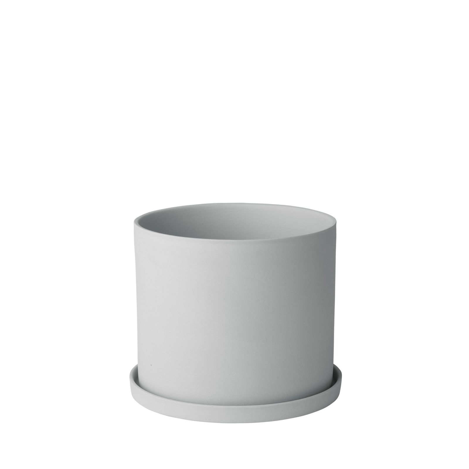 Minimalistischer weißer Keram Topf mit passender Untertasse, perfekt für Zimmerpflanzen.