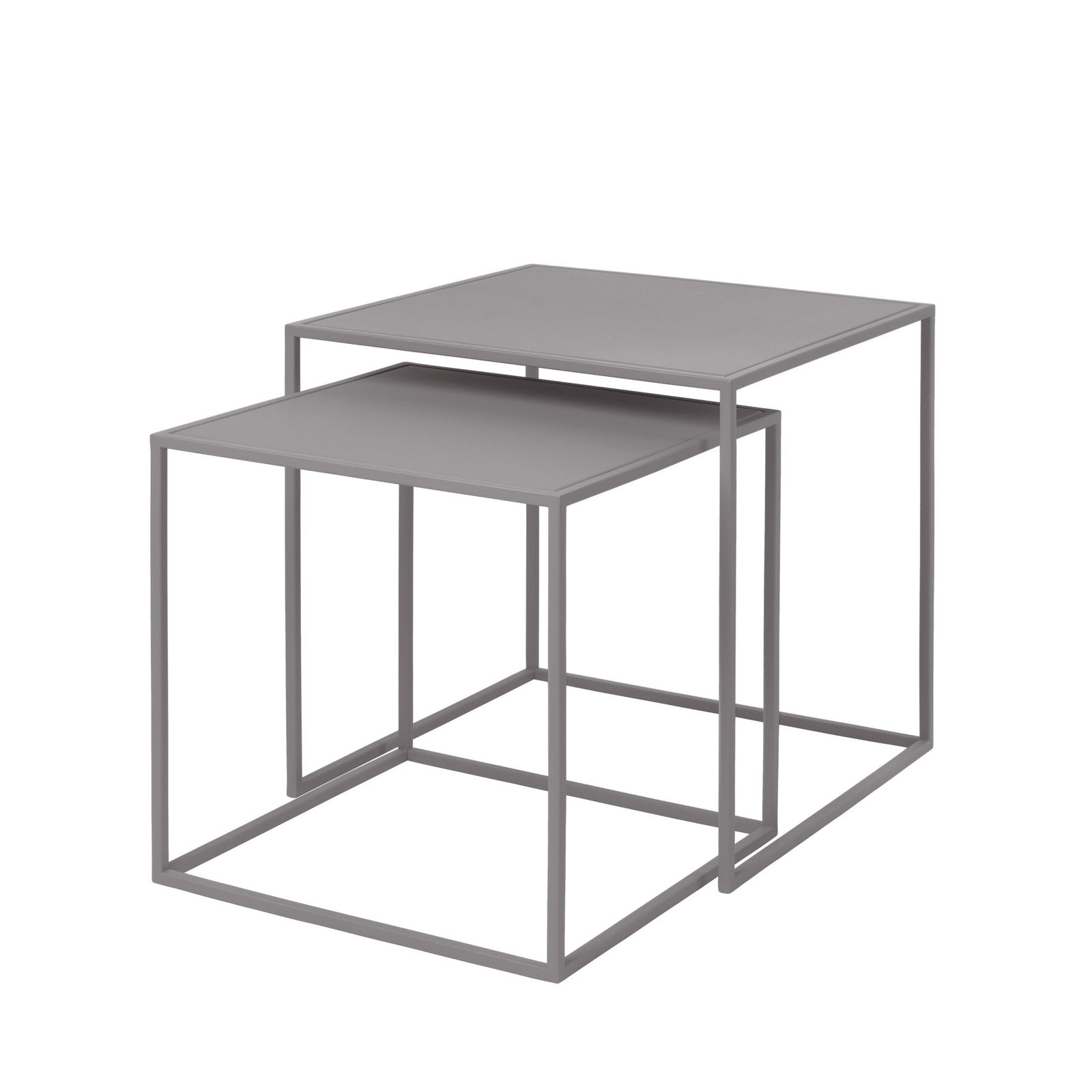 Moderne Beistelltische im eleganten grauen Metalldesign für vielseitige Inneneinrichtung.