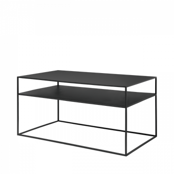Moderner schwarzer Couchtisch mit minimalistischem Design und zwei offenen Regalen.