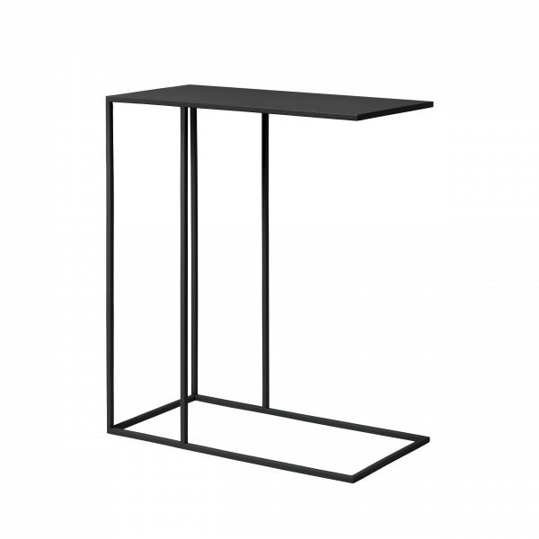 Moderner C-förmiger Beistelltisch mit einer eleganten schwarzen Oberfläche und minimalistischem Metallrahmen.