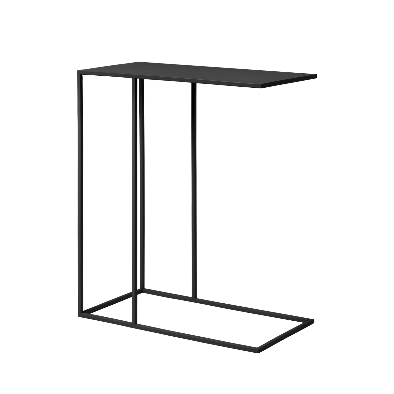 Moderner C-förmiger Beistelltisch mit einer eleganten schwarzen Oberfläche und minimalistischem Metallrahmen.