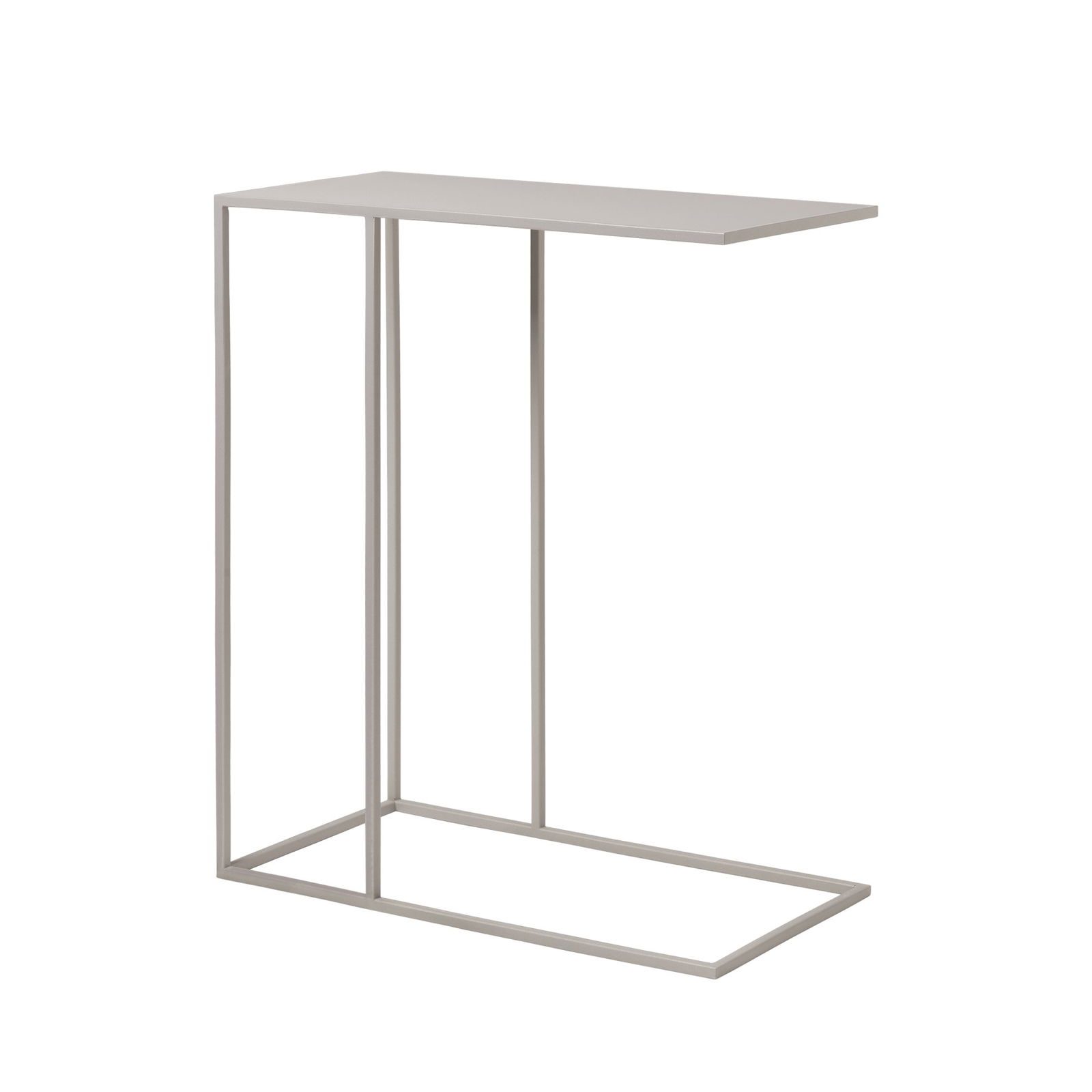 Modern minimalist C-shaped side table with sleek metal frame and white surface.