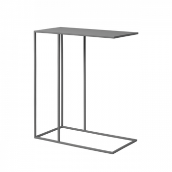 Modern minimalist gray side table with a sleek metal frame and contemporary design.