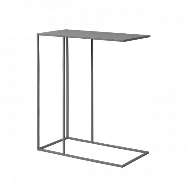 Modern minimalist grauer Beistelltisch mit einem schlanken Metallrahmen und zeitgemäßem Design.