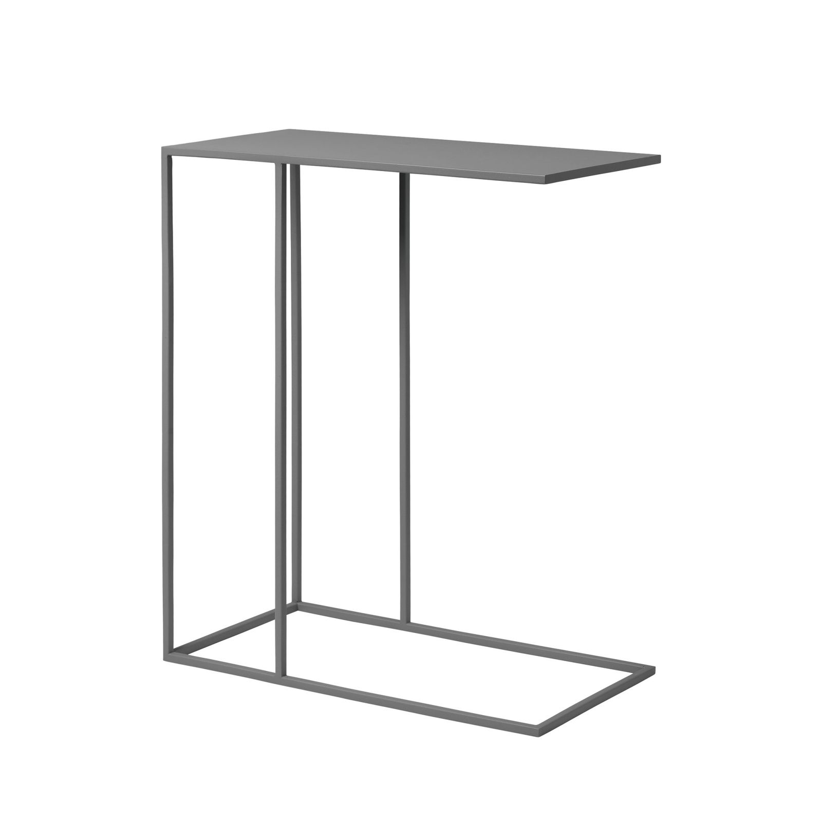 Modern minimalist grauer Beistelltisch mit einem schlanken Metallrahmen und zeitgemäßem Design.