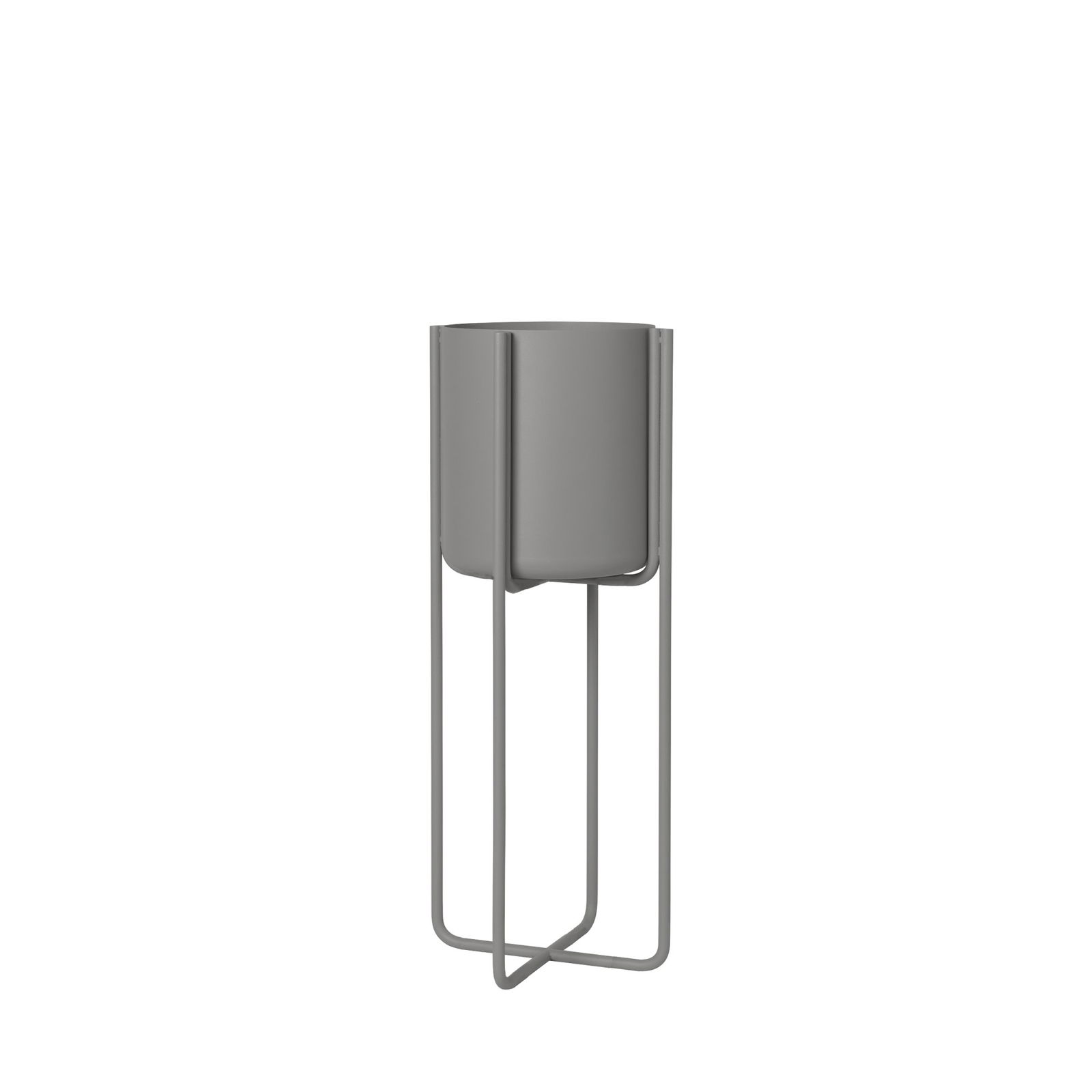 Stylischer grauer Blumentopf mit minimalistischer Drahtständer für moderne Wohnkultur.