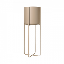 Moderner beiger Blumentopf auf einem minimalistischen Metallgestell, perfekt für zeitgenössische Dekoration.