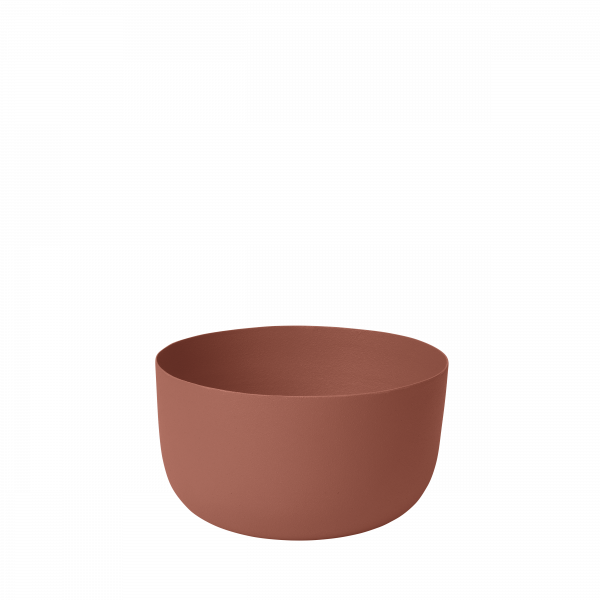 Terra-cotta bowl with a minimalist design on a plain background.