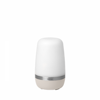 Modern LED table lamp with a sleek design and soft white glass shade.
