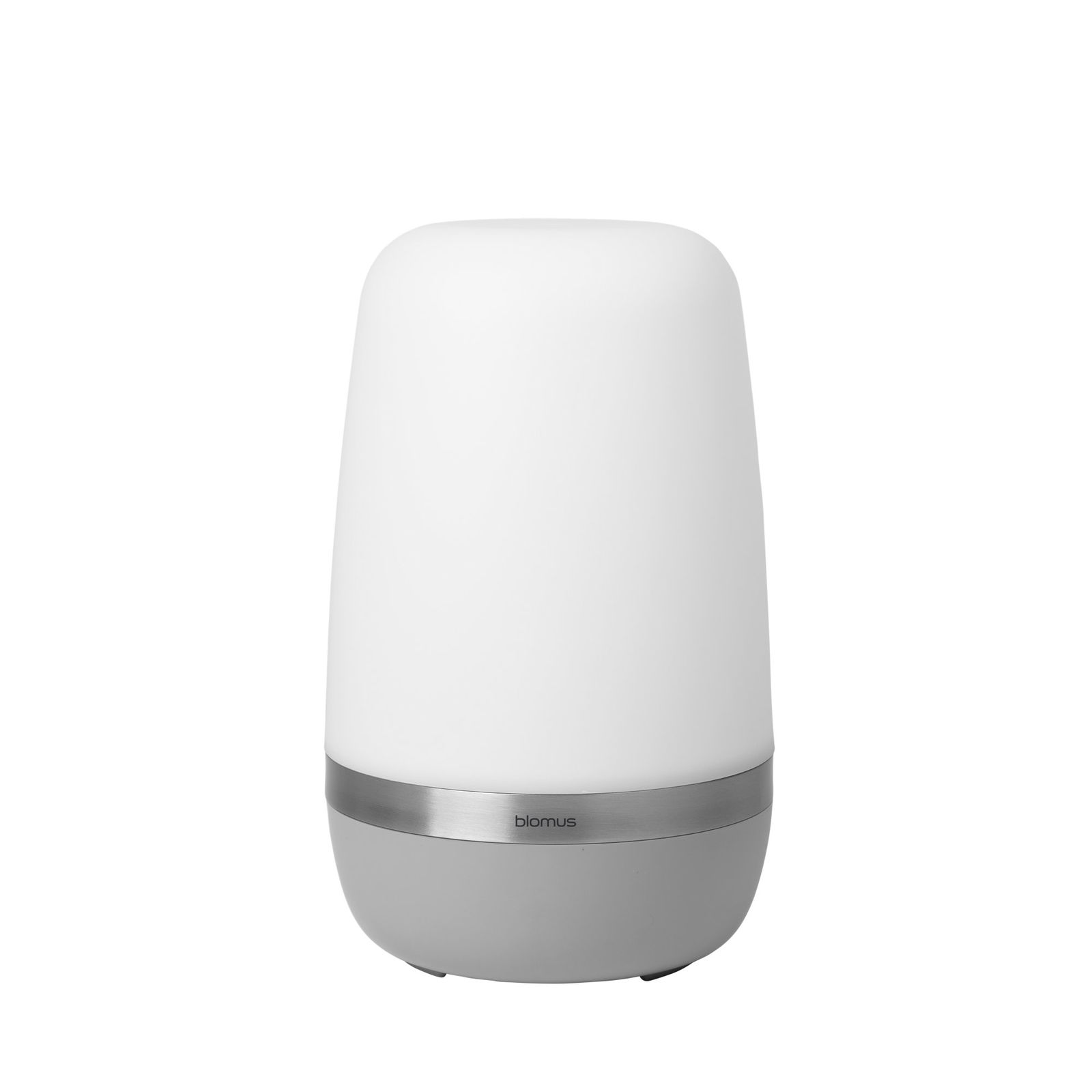 Sleek modern lamp with a frosted white shade and minimalist gray base by Blomus.