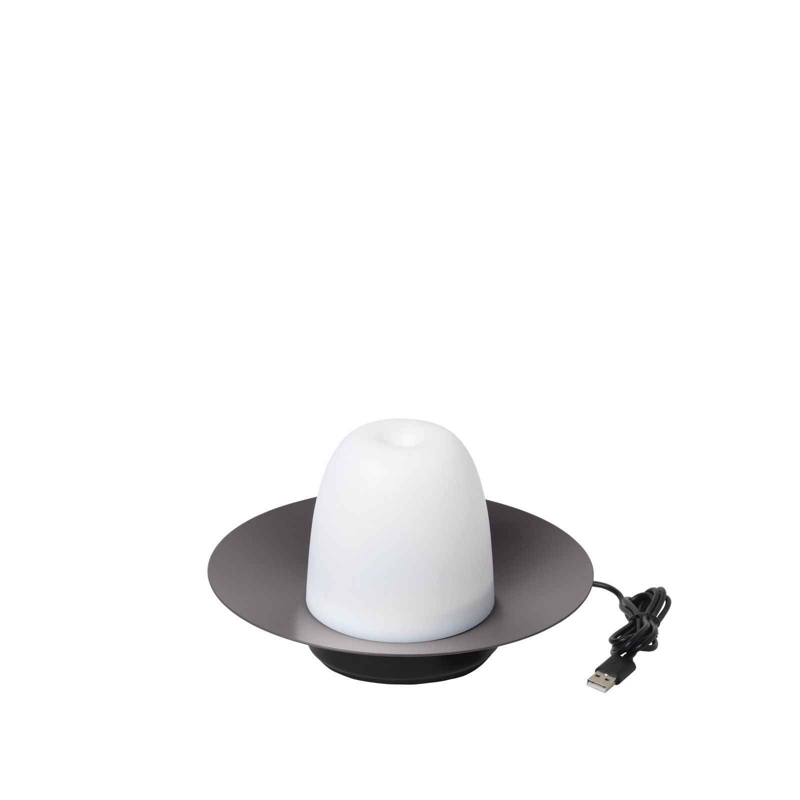 Moderne USB-Tischlampe mit elegantem Design und sanftem weißen Schirm auf einem runden Sockel.