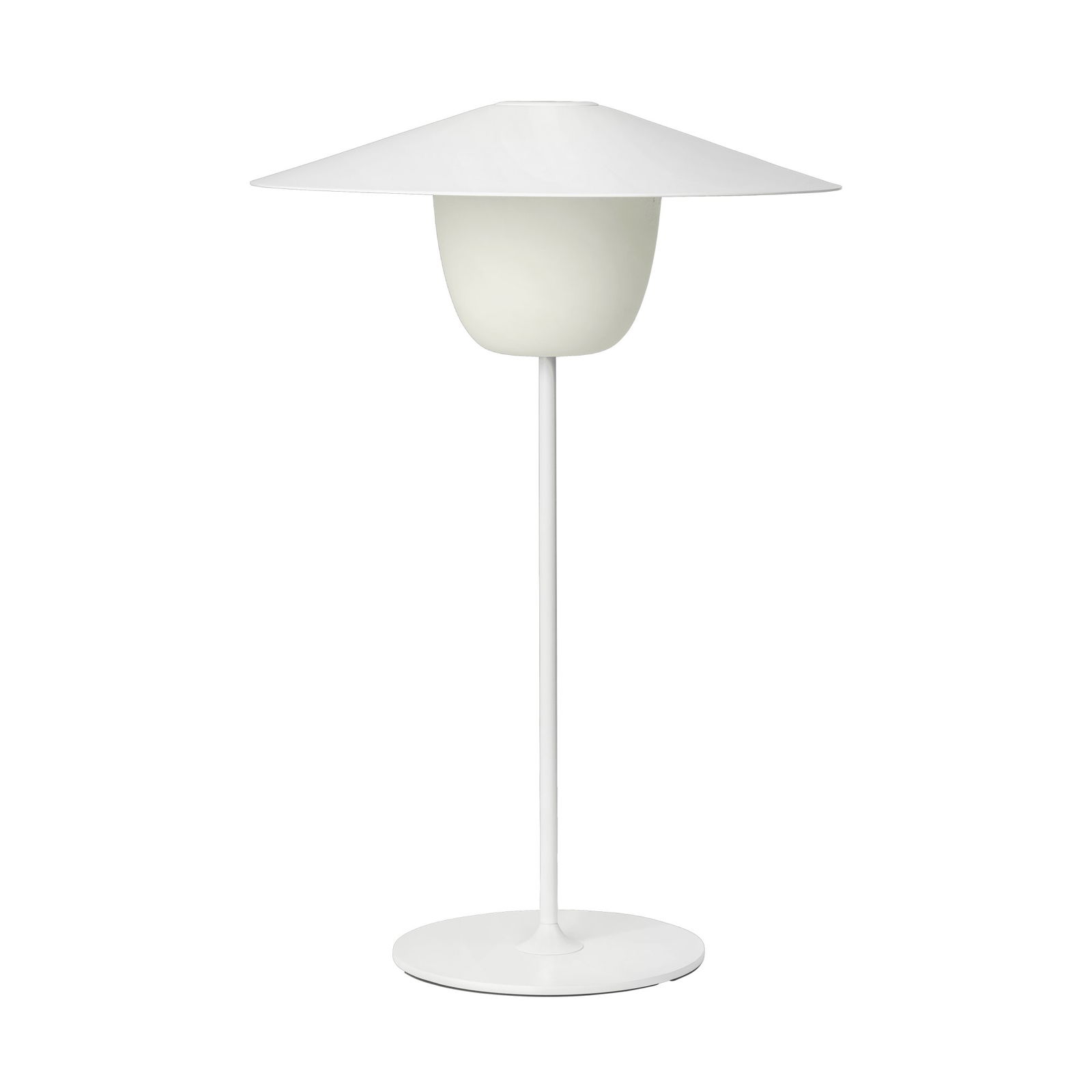 Elegante moderne weiße Lampe mit einem konischen Schirm auf einem schlanken Standfuß.