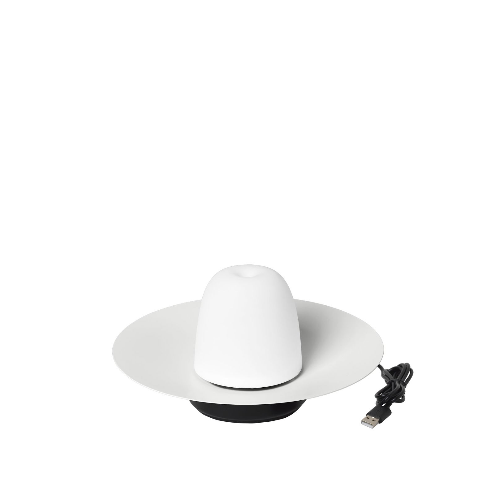 Moderne weiße USB-Lampe mit einem schlanken Design auf einem minimalistischen schwarzen Hintergrund.